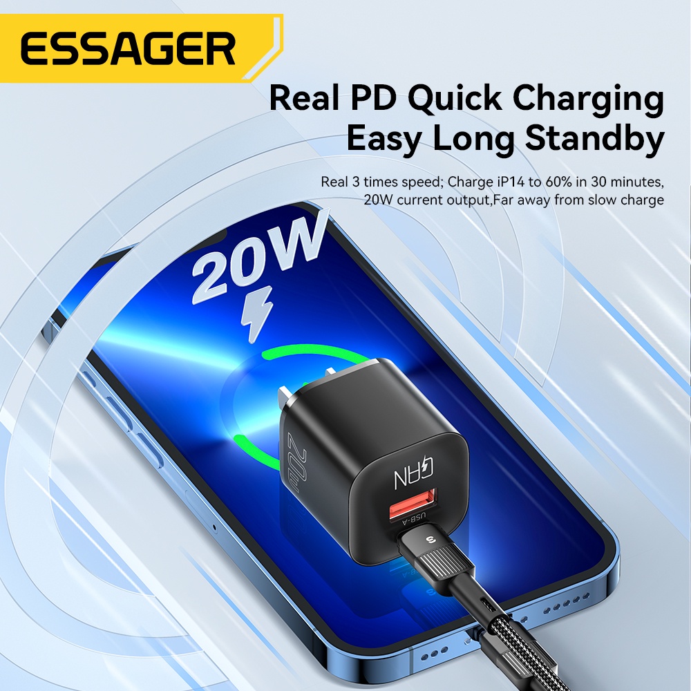 Cục sạc nhanh ESSAGER 20W GaN USB Type C QC 3.0 thích hợp cho iP 14 13 12 11 Pro Max Mini Ipod