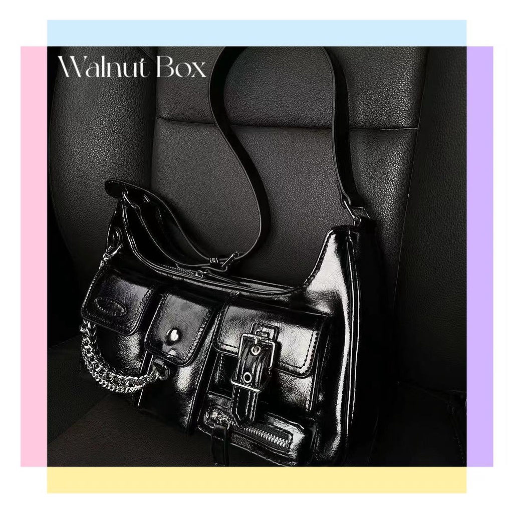 Niche Túi Xách Đeo Vai Nhiều Ngăn Màu Đen Trơn Cá Tính Dễ Phối Đồ Đi Xe Máy