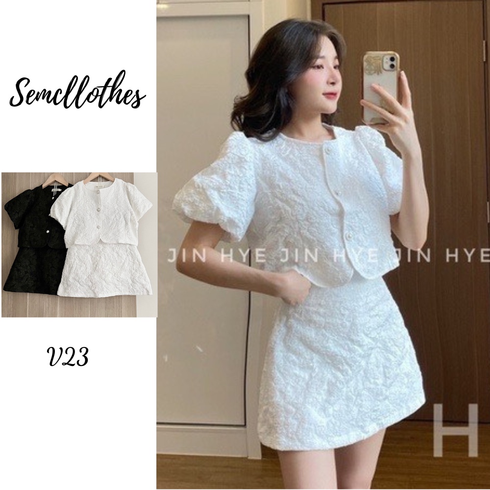 Set váy đầm nữ -Bộ quần áo nữ chất xốp 2 màu trắng đen tay ngắn phồng cổ tròn khuy ngọc V23 hình thật