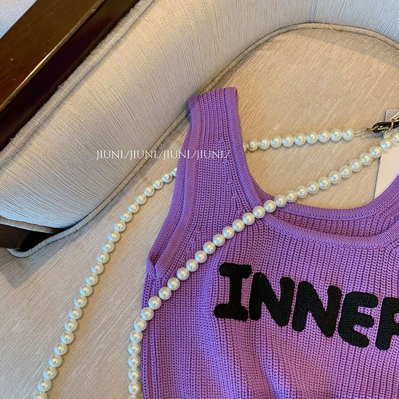 Áo Hai Dây Dệt Kim Ôm Dáng In Chữ Màu Tím Thời Trang Mùa Hè 2022 Mới Phong Cách Hàn Quốc Cho Nữ
