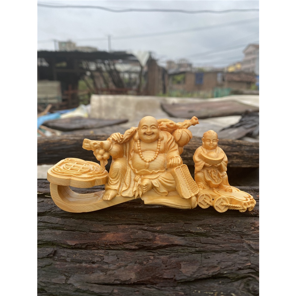 Tượng Phật Bằng Gỗ Thuja 14cm Chạm Khắc Tinh Xảo Màu Vàng Ngọc Bích