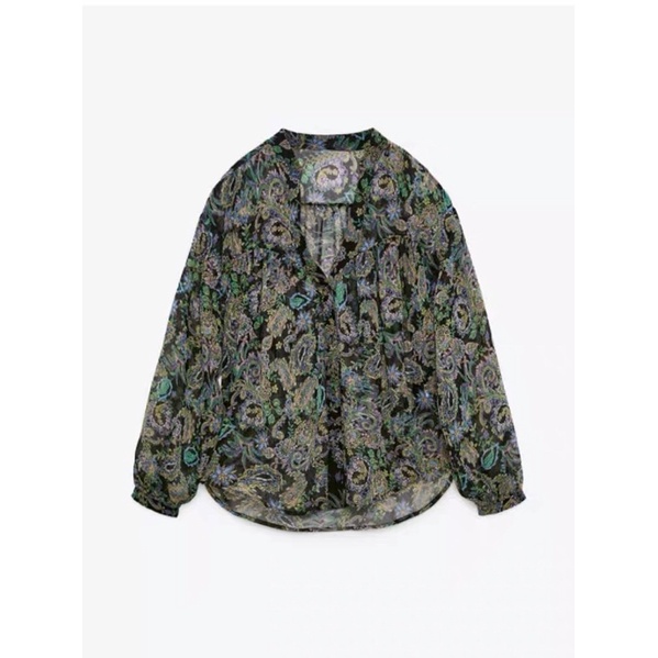 Made in Morocco - áo sơ mi Zara voan hoa lụa xanh trầm AH1SMVG40N10