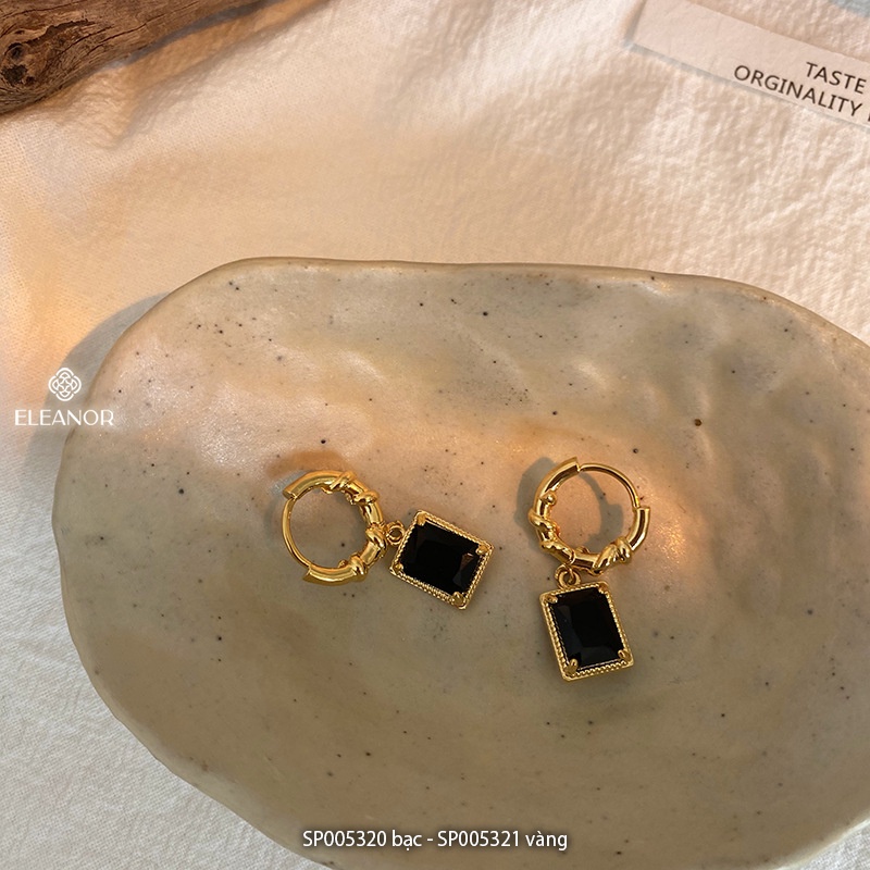 Bông tai nữ chuôi bạc 925 Eleanor Accessories hình chữ nhật đính đá đen phụ kiện trang sức 5320