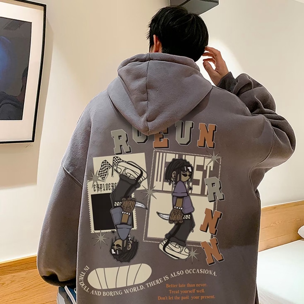 Áo Khoác Hoodie Thể Thao Dày Dặn Dáng Rộng In Chữ Hoạt Hình 3 Màu Tùy Chọn Size M-8XL Thời Trang Cho Nam