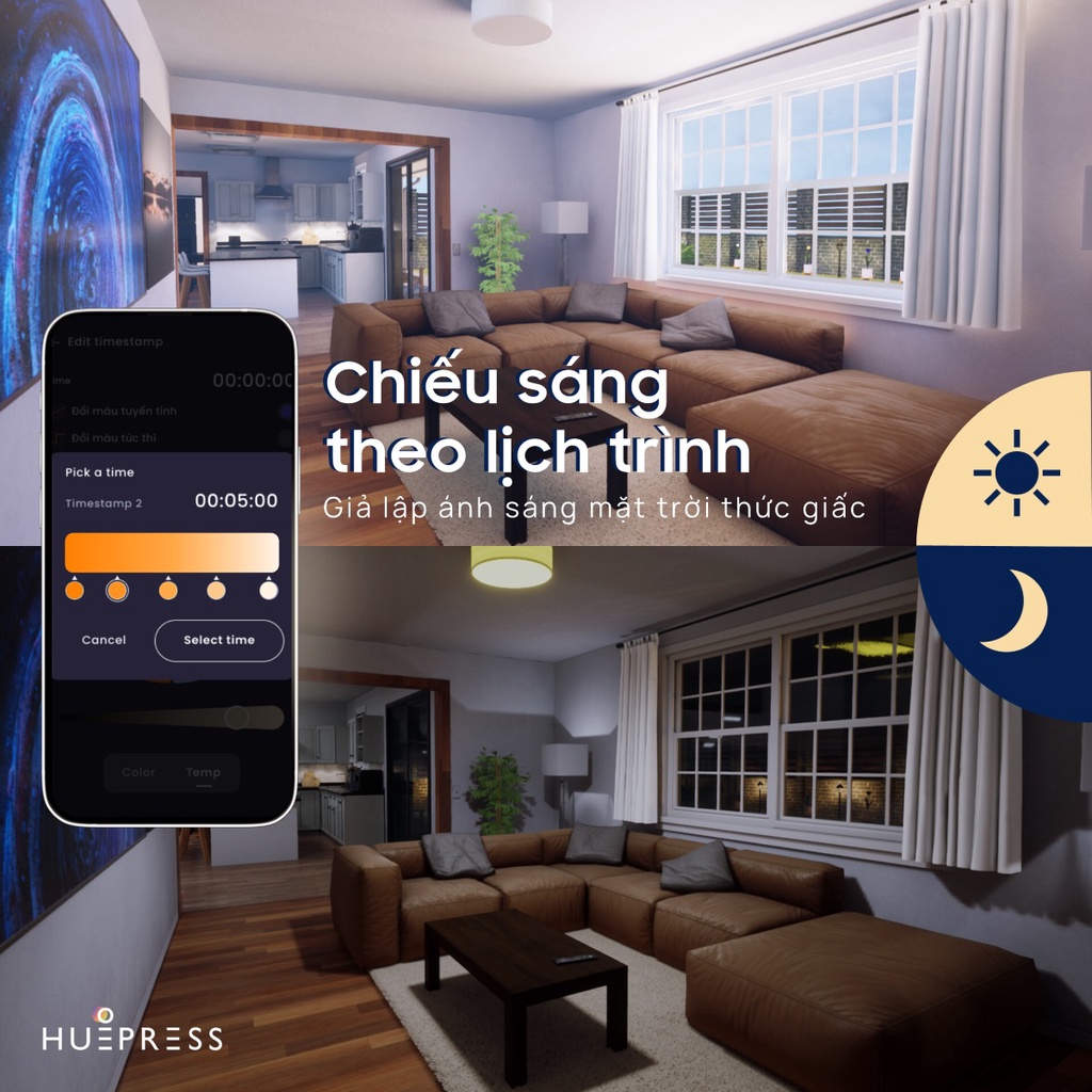 Bộ đèn led dây HuePress thông minh RGBCW WiFi/4G - 5050 10mm IP65, 16 triệu màu, nháy theo nhạc