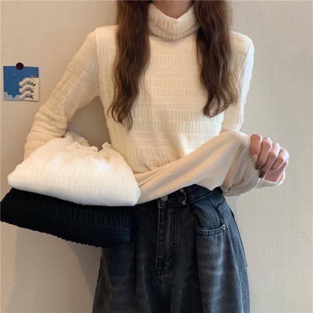 COZOK Áo Thun Dài Tay Cổ Cao Phối Ren Xinh Xắn Dành Cho Nữ