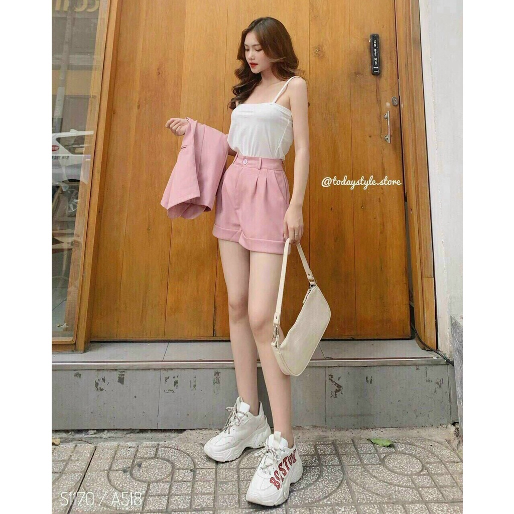 Set đồ nữ đi chơi cá tính, set bộ quần short ngắn kèm áo kiểu nữ giả vest chất ford