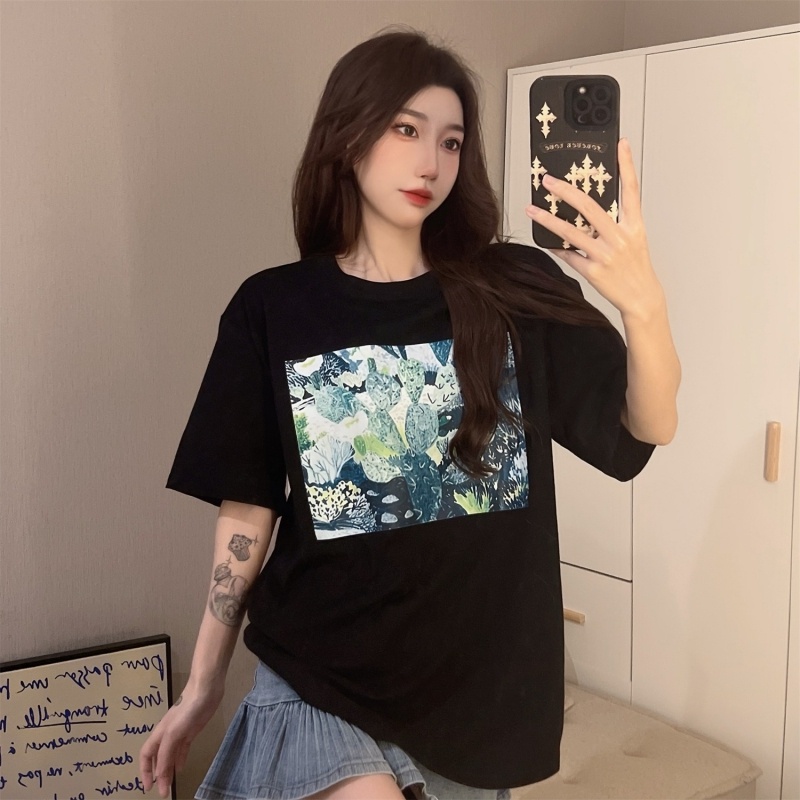 ZHELIHANGFEI Áo Thun Tay Ngắn Cổ Tròn Form Rộng Họa Tiết In Dễ Phối Đồ