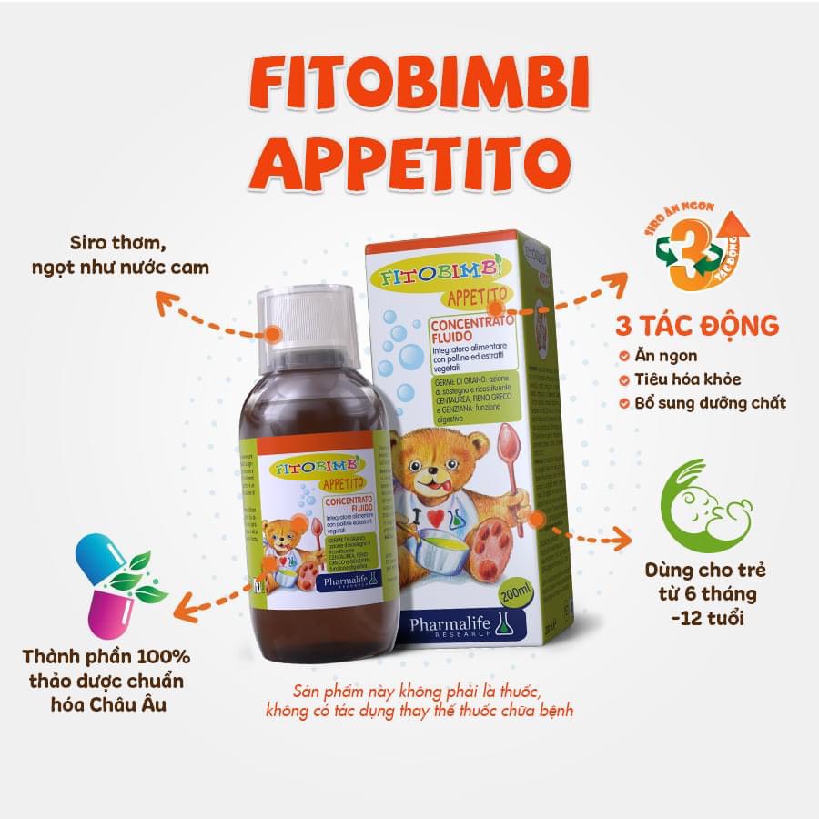 Fitobimbi Appetito - siro ăn ngon cho bé Giúp Bé Hấp Thu Dinh Dưỡng Tốt, Giảm Biếng Ăn, Tăng Cường Đề Kháng Chai 200ml