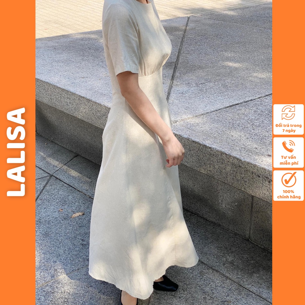 Đầm Linen Midi Cổ Tròn Nhún Ngực LALISA Váy Công Sở Thanh Lịch Sang Trọng Dự Tiệc Sang Chảnh Phong Cách Hàn Quốc VD007