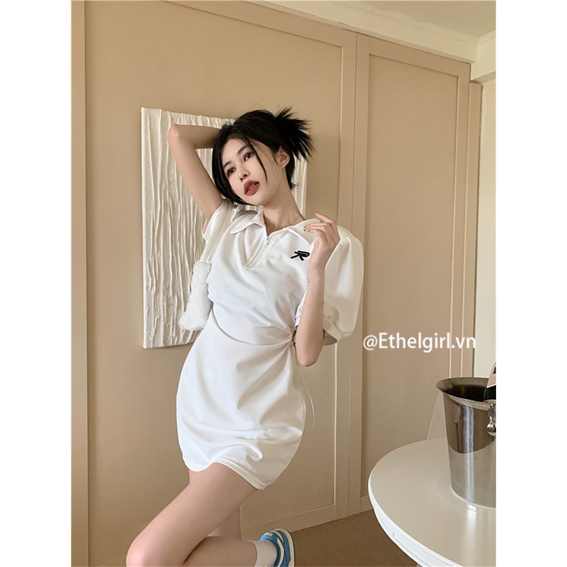 Ethelgirl Đầm mini Cổ polo Eo Cao Thêu Chữ Thiết Kế Thời Trang Cho Nữ