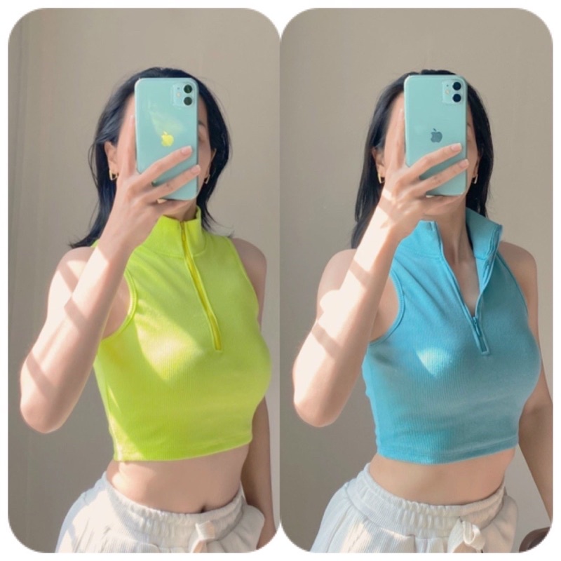 Áo Croptop Sát Nách Cổ Đứng Phối Dây Kéo Chất Thun Gân Mềm Mịn Co Giãn 4 Chiều - VA019