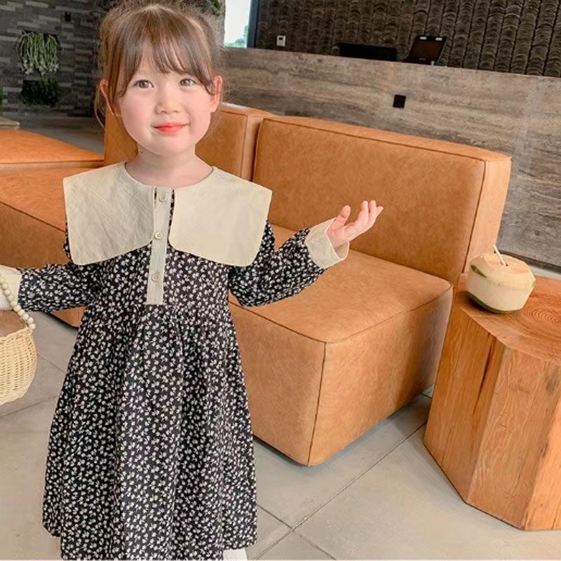 Đầm Công Chúa Tay Dài Cổ Bẻ In Họa Tiết Hoa Thời Trang Xuân Thu Phong Cách Hàn Quốc Cho Bé Gái 1-6 Tuổi