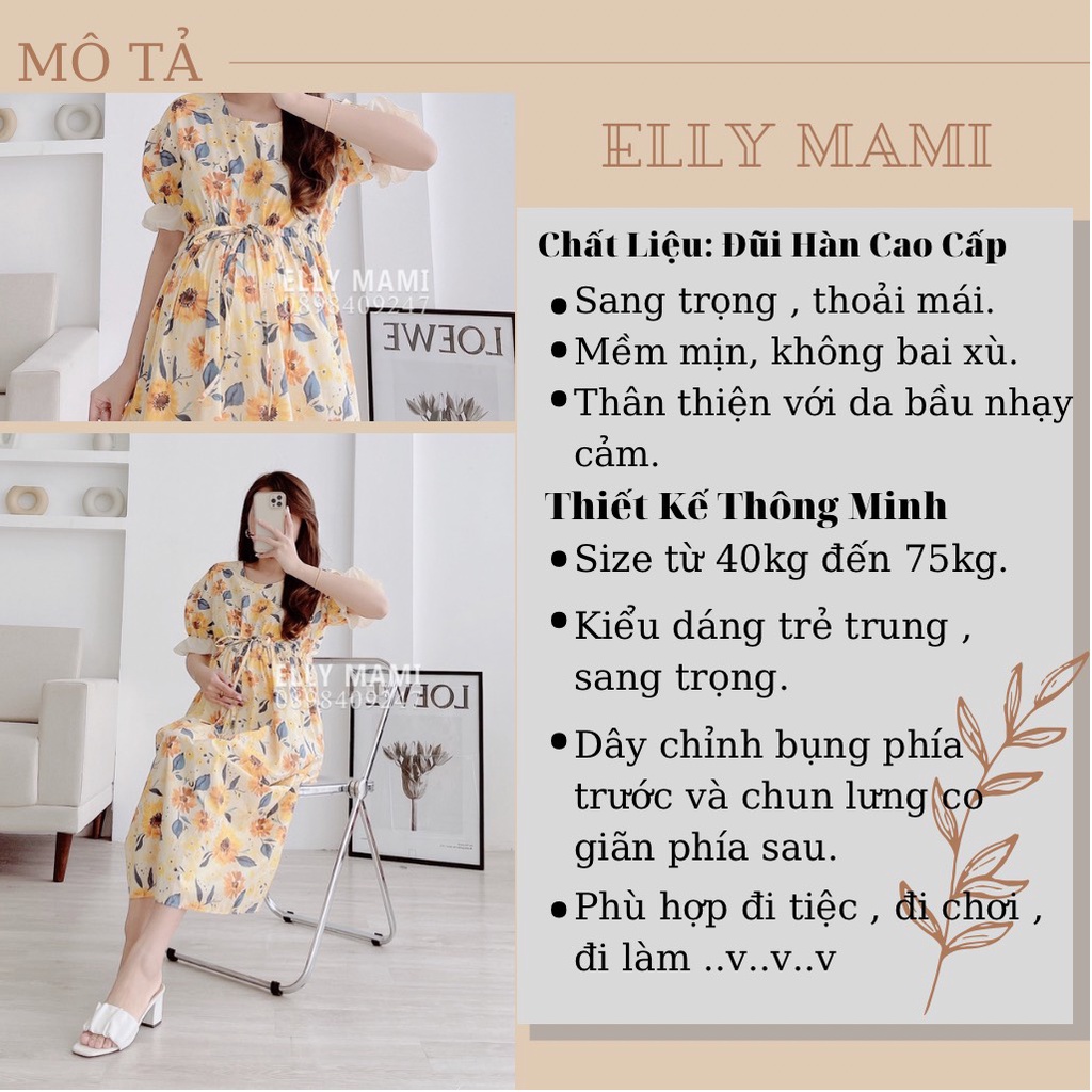 ( 40kg - 75kg ) Đầm Bầu , Suông Hoa Vàng Tiểu Thư Mặc Thoải Mái Suốt Thai Kì &amp; Sau Sinh ( Kèm Ảnh Thật )