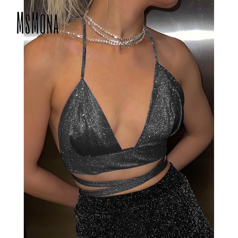 MsMona Áo Tank Top Hai Dây Cổ Chữ V Màu Trơn Thời Trang 2023 Quyến Rũ Cho Nữ