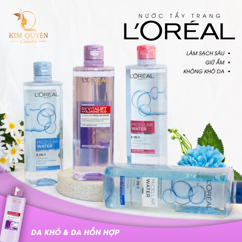 Nước tẩy trang cho mọi loại da Loreal Paris 3in1 Micellar Water 400ml