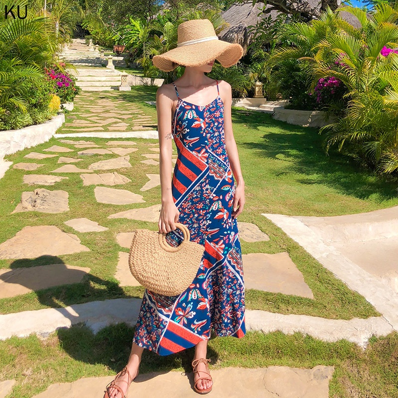 Đầm Hai Dây Dáng Chữ A Dài In Họa Tiết Thổ Cẩm Phong Cách Bohemian Thời Trang Đi Biển Cho Nữ