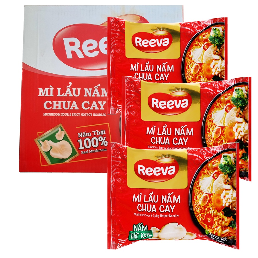 MÌ LẨU NẤM CHUA CAY REEVA - ĂN CHAY ĐƯỢC - 85G/GÓI - THÙNG 30 GÓI