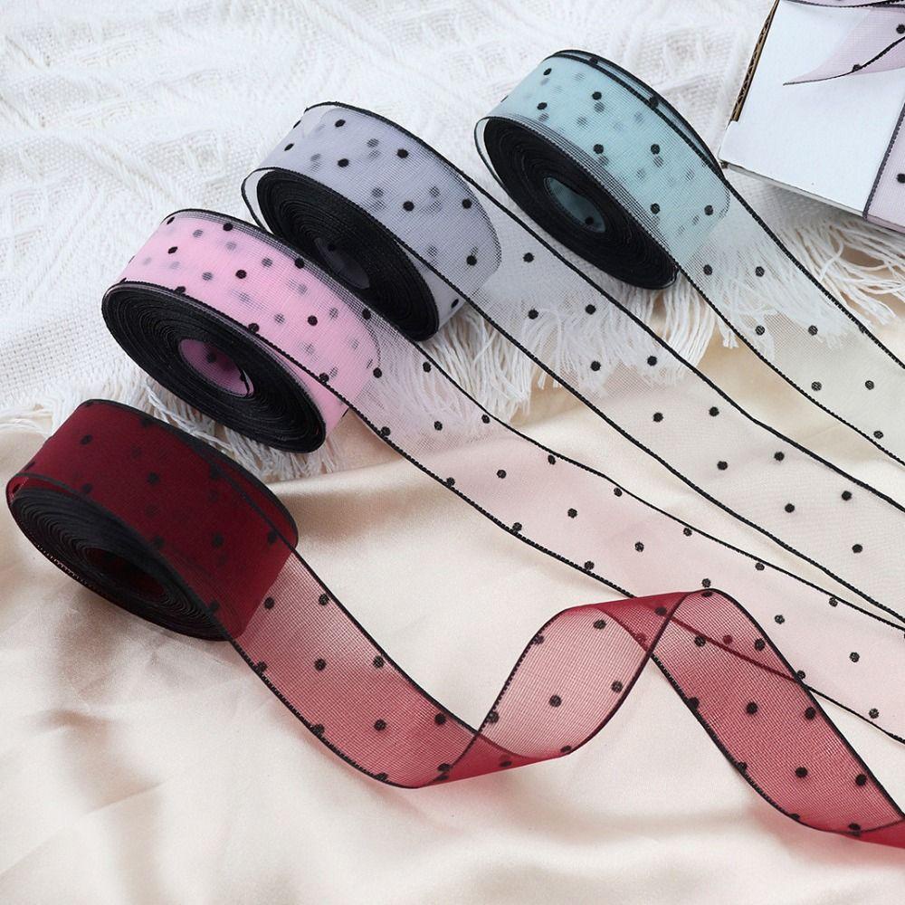 Cuộn Dây Ruy Băng Voan Bán Trong Suốt Họa Tiết Chấm Bi Đen Nhiều Màu Dùng Gói Quà DIY