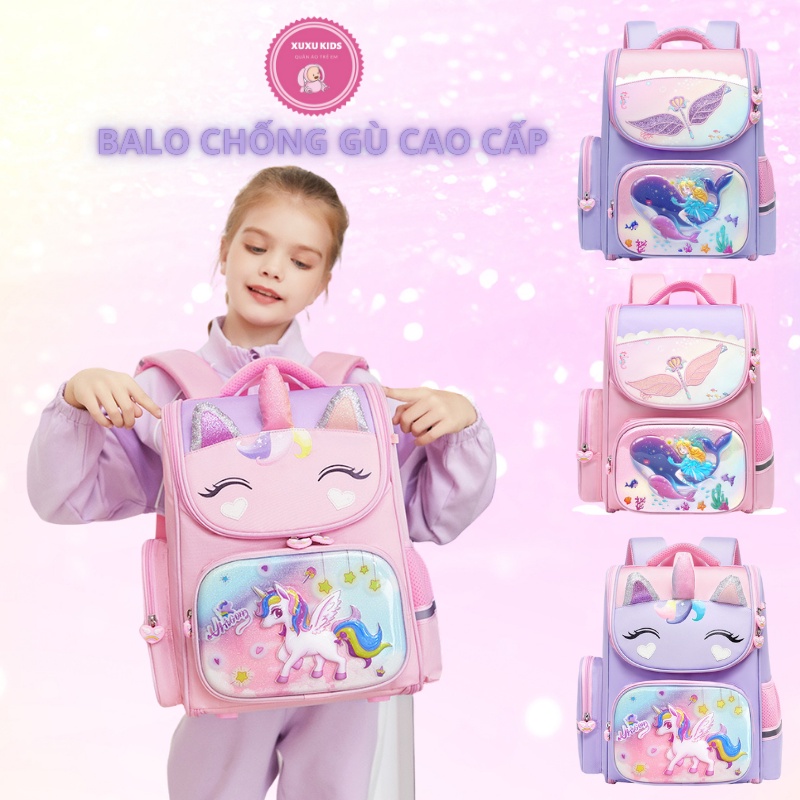 Balo chống gù cho bé đi học tiểu học, cặp sách chống gù cao cấp chống nước mẫu unicon kỳ lân pony tiên cá Xu Xu Kids