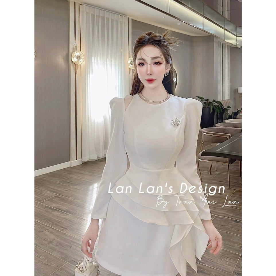 Đầm tiểu thư dự đám cưới phong cách hàn quốc thiết kế bèo eo xinh xắn, khoét vai cá tính