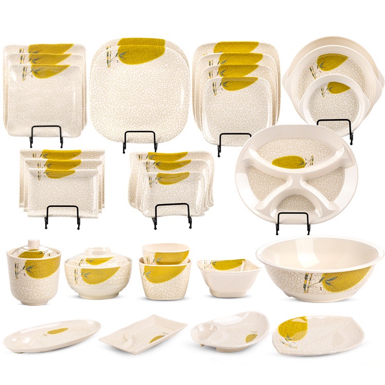 Bộ đồ ăn bát đĩa Xiang yuanmei Melamine A5 giả sứ hoạ tiết lá tre sang trọng