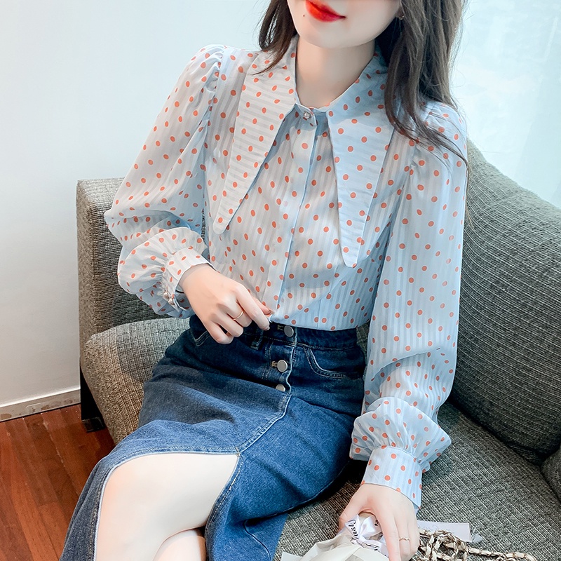 IELGY Áo Sơ Mi chiffon Tay Dài Cổ Búp Bê Họa Tiết Chấm Bi Cho Nữ