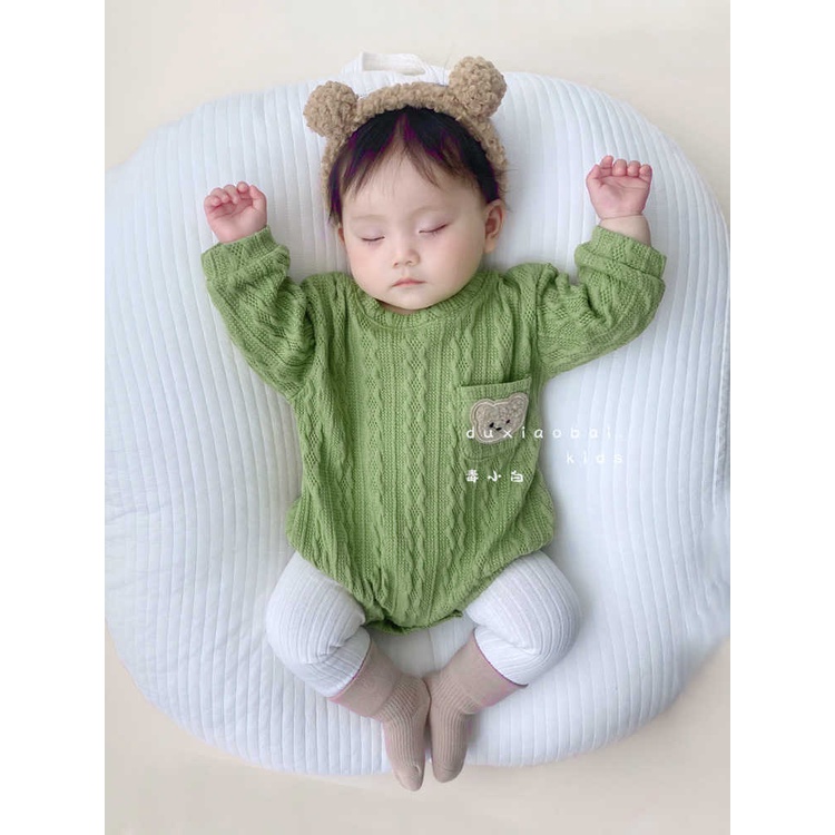 Áo Liền Quần Tay Dài Màu Trơn Hình Gấu Dễ Thương Thời Trang Xuân Thu Cho Bé Sơ Sinh Từ 0-2 Tuổi