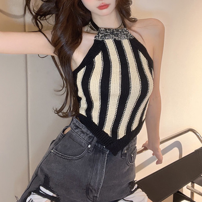 Áo Dệt Kim Hai Dây Dáng Ngắn Họa Tiết Kẻ Sọc Màu Sắc Tương Phản Thời Trang Mùa