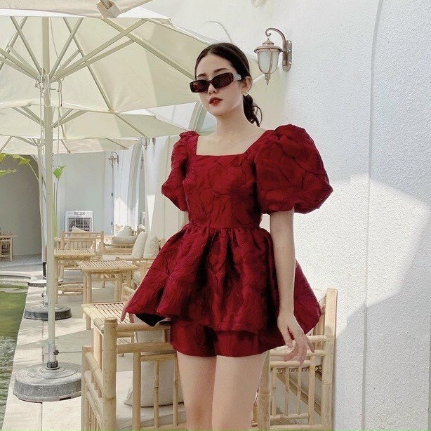 sét bộ đùi gấm xốp phối áo kiểu phồng cổ vuông ngắn tay hot