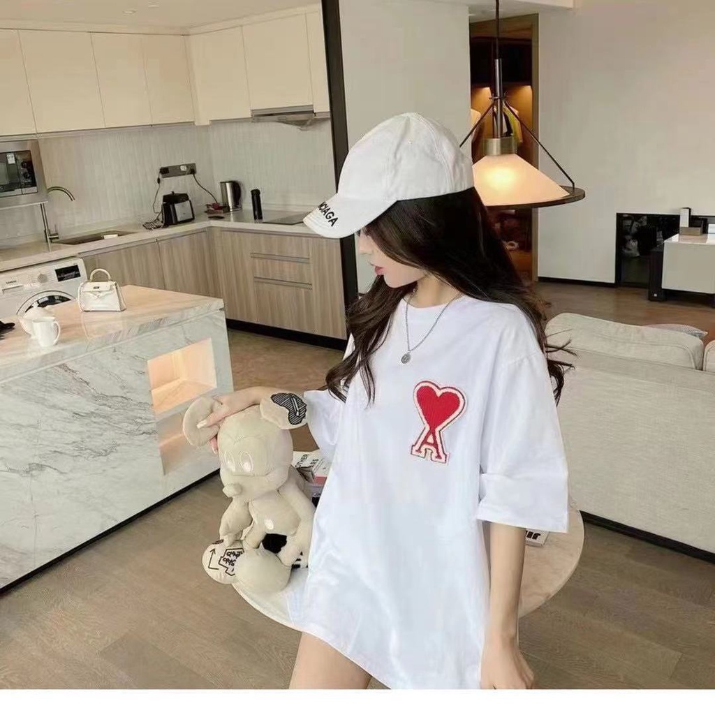 Mới Set Áo Thun Ngắn Tay Thêu Hình Trái Tim + Thẻ Treo Thời Trang Cho Cặp Đôi