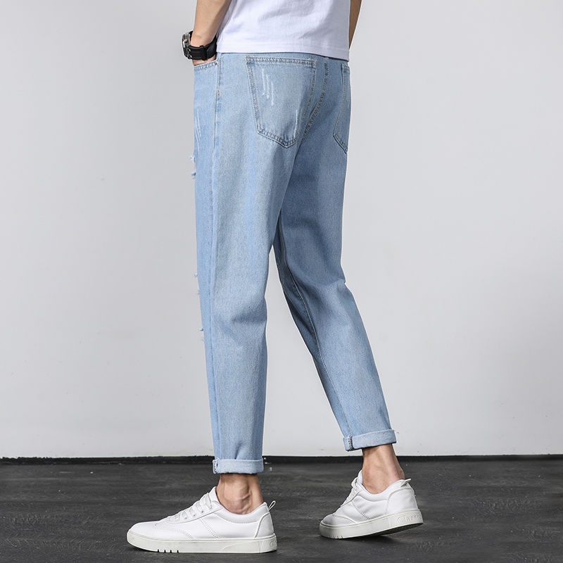 Quần Jeans Dài Ống Rộng Rách Gối Thời Trang Mùa Hè Cho Nam
