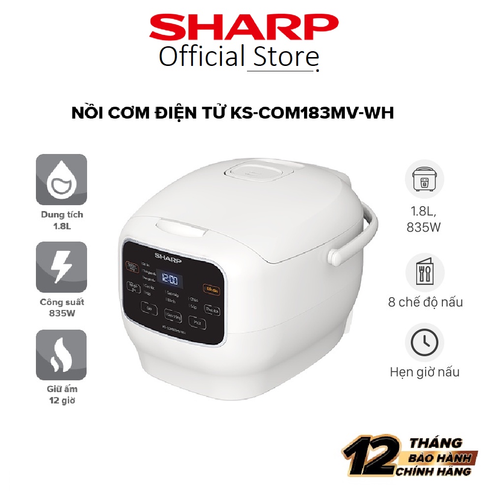 Nồi Cơm Điện tử Sharp KS-COM183MV-WH Dung tích 1.8L Đa Năng, Công Suất 835W, Chống Dính