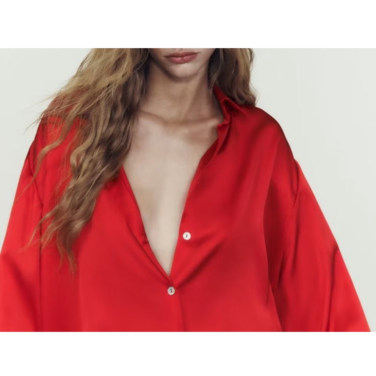 Made in Morocco - Áo Zara sơmi lụa màu đỏ đẹp AT2SMG40N9