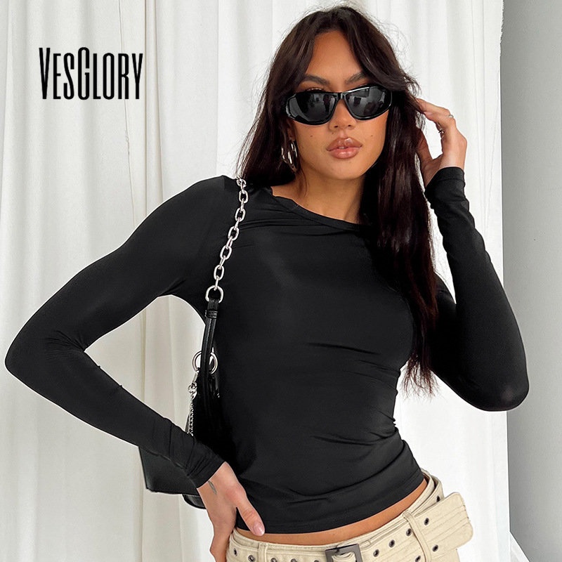 Áo Thun Tay Dài Cổ Tròn Màu Trơn Dáng Ôm Thời Trang Quyến Rũ Cho Nữ