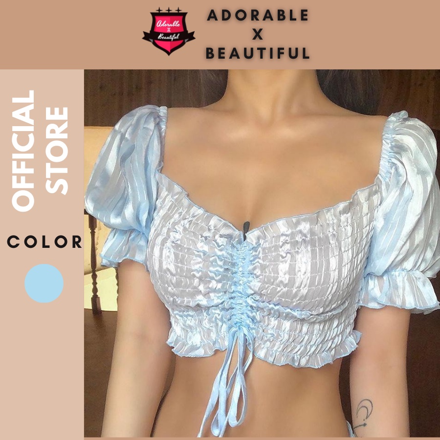 Áo Thun Tay Phồng Thun Dây Rút Xanh Nhạt, Áo Croptop Trễ Vai Nhún Ngực Dây Rút Co Giãn [AdorablexBeautiful]