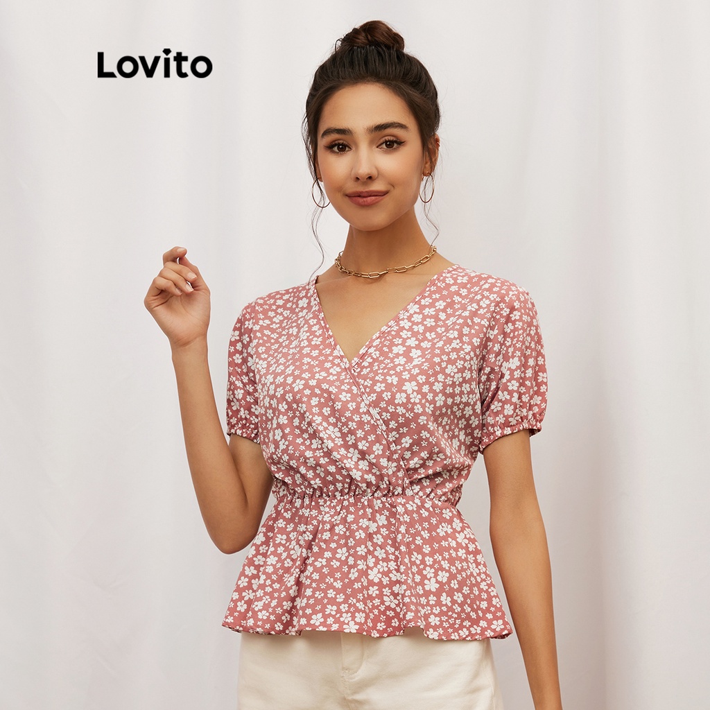Áo kiểu Lovito cổ V viền bèo họa tiết hoa thường ngày L19D376 (Màu hồng)