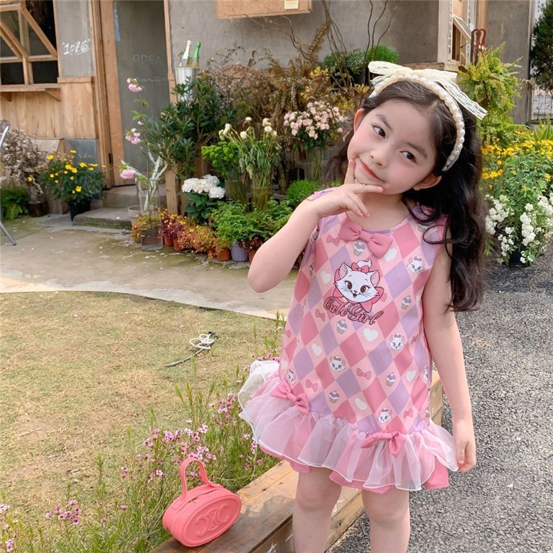 Bộ Đầm Hai Mảnh Áo Thun In Hình Mèo Mary Thời Trang Mùa Hè 2023 Dành Cho Bé Gái