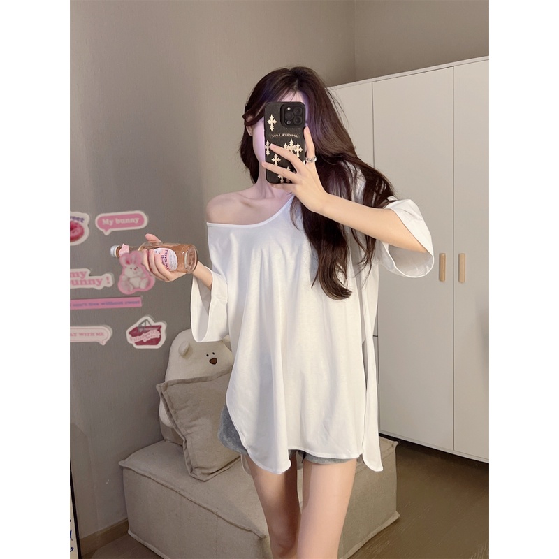 Ethelgirl Áo Thun Tay Dài Hở Vai Dáng Rộng Đơn Giản Hợp Thời Trang Cho Nữ