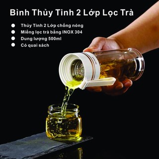 Bình thủy tinh 2 lớp lọc trà có quai xách t01