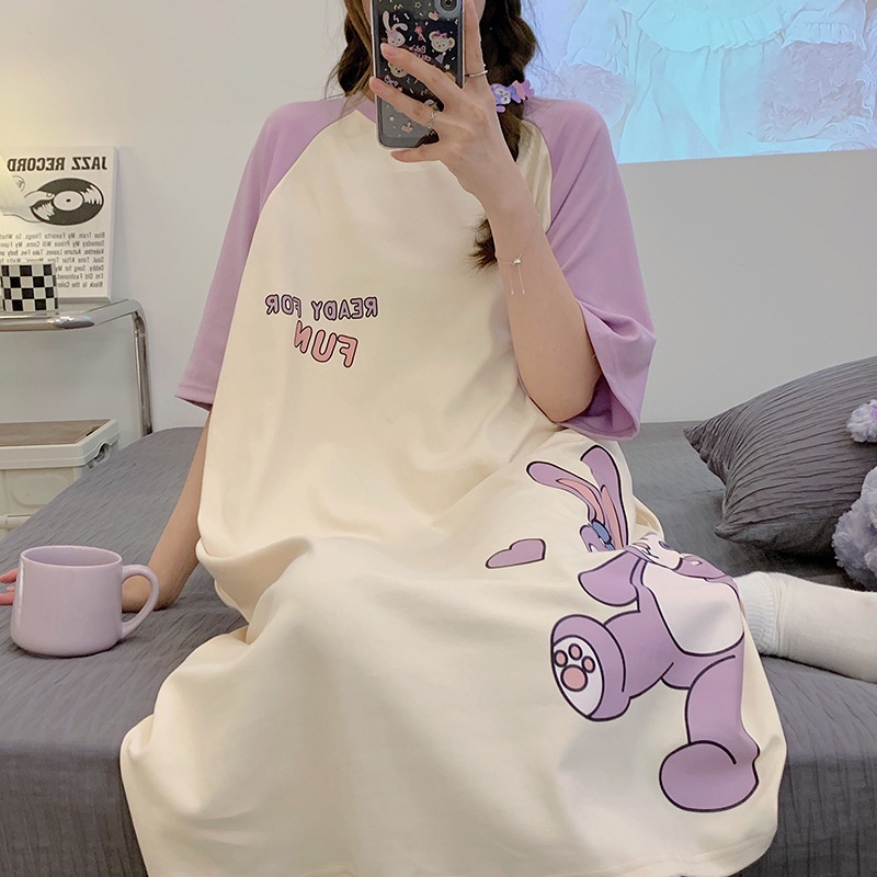 Đầm Ngủ Tay Ngắn In Họa Tiết Hoạt Hình Phong Cách Hàn Quốc Dễ Thương Thời Trang Cho Nữ La188