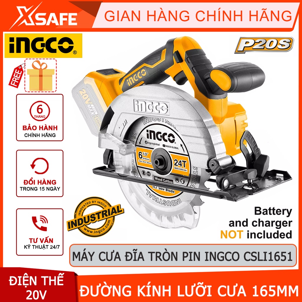 Máy cưa gỗ cầm tay dùng pin 20V INGCO CSLI1651 Máy cưa đĩa đường kính 165mm, tốc độ 3800rpm, khả năng cắt tối đa 55mm