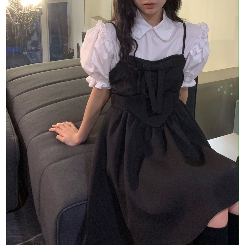 Set Áo Sơ Mi Trắng Tay Phồng + Đầm Chiết Eo Đính Nơ Thời Trang Dành Cho Nữ