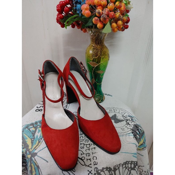 Giày cao gót màu cam da lộn dây cổ chân hiệu Morgan si Nhật size 36,5-37 cao 9 phân
