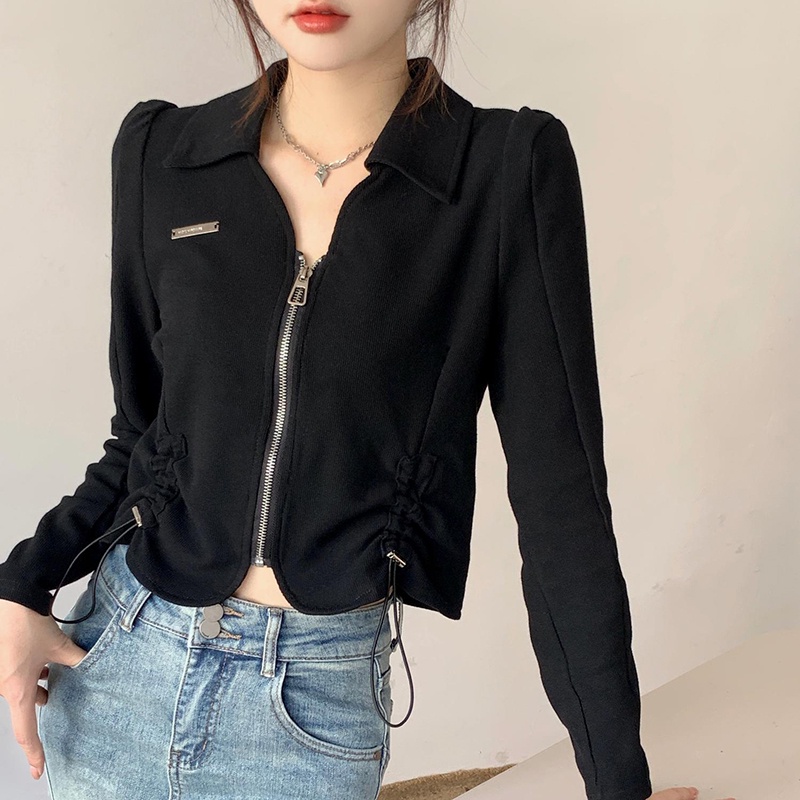 IELGYÁo Thun Lửng Tay Dài Cổ polo Phối Dây Rút Thời Trang Cho Nữ