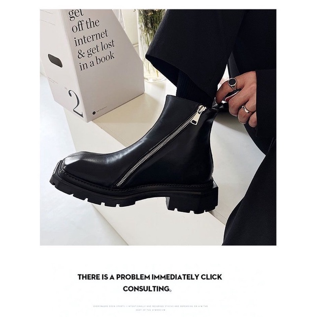 Giày boots da nam nữ mũi vuông cổ lửng phối khoá 2 bên hông FOOTMADE