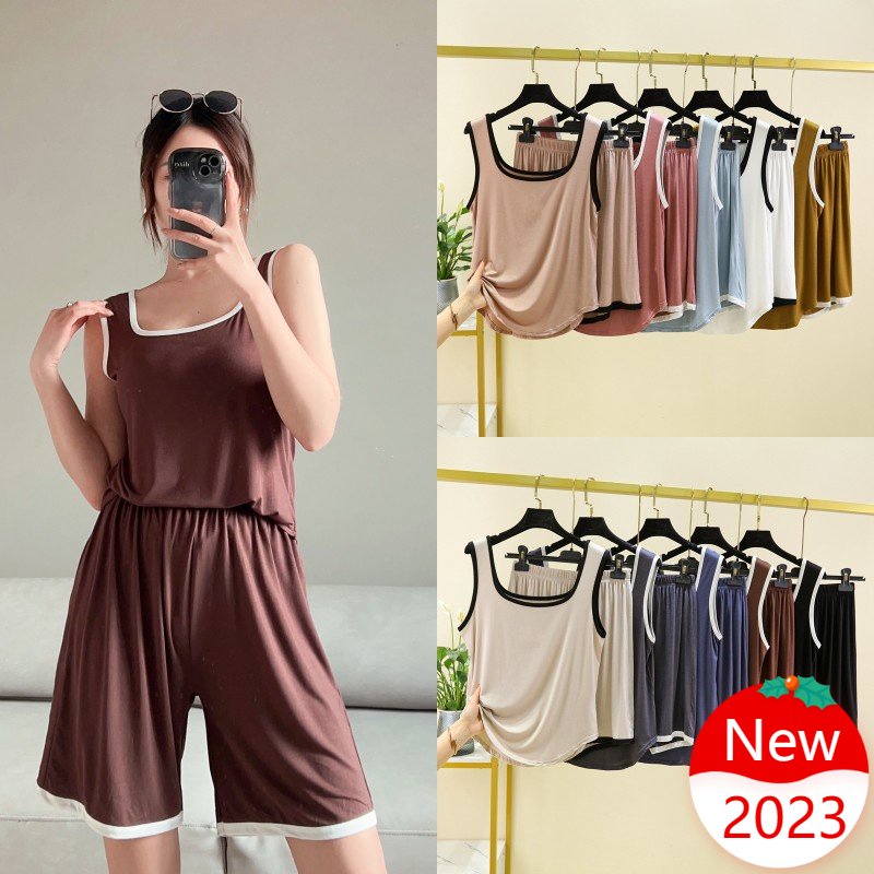Bộ Đồ Ngủ Áo Ba Lỗ Phối Quần Short Dáng Rộng Vải Mỏng Thời Trang Mùa Hè Cho Nữ