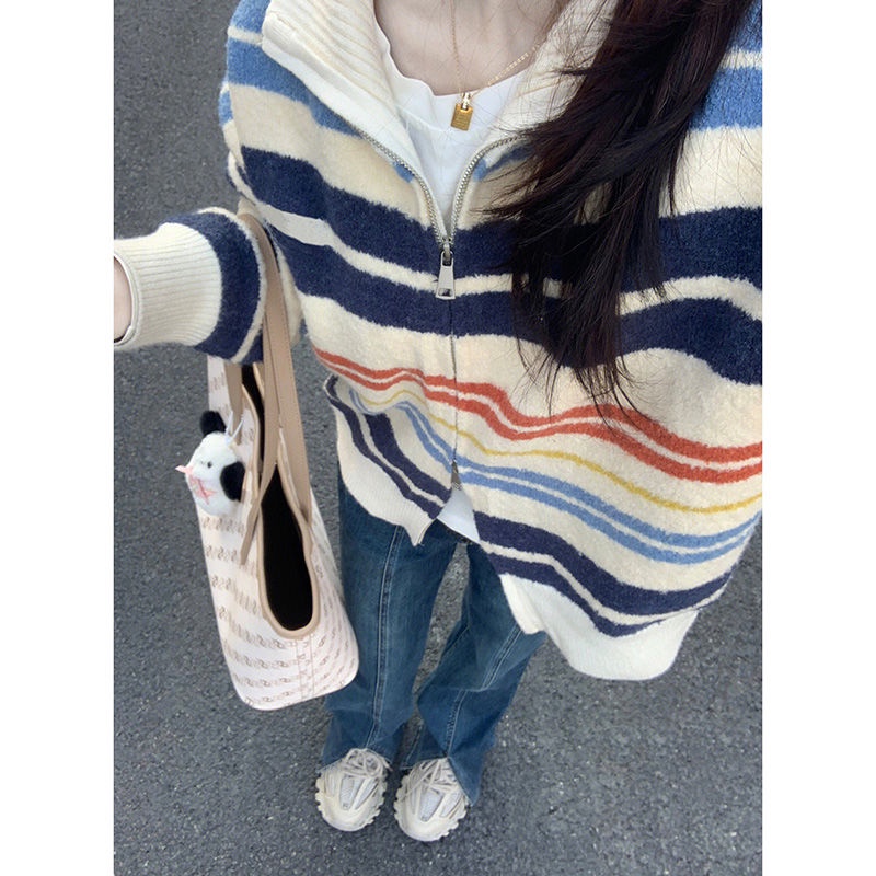 Áo Khoác Cardigan Dệt Kim Dày Dáng Rộng Màu Tương Phản Phong Cách Nhật Bản Cổ Điển Cho Nữ
