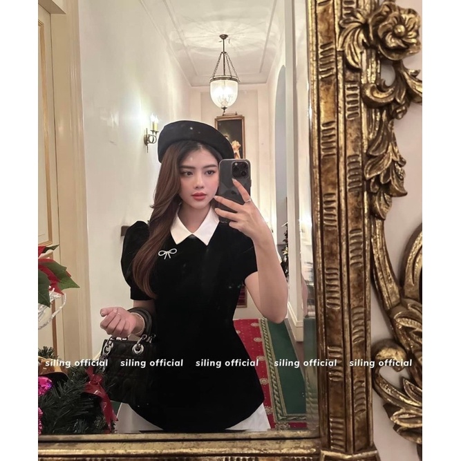 Set áo cổ pha tag nơ đá mix chân váy