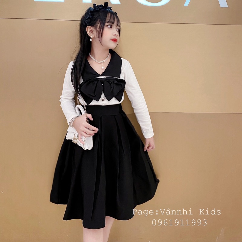 Set áo nơ + chân váy dài Tiểu Thư vingate cho bé size đại 17kg-41kg